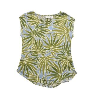 NEW Sigrid Olsen 100% Linen Palm Leaf Print Cap Sleeve Top Womens Medium